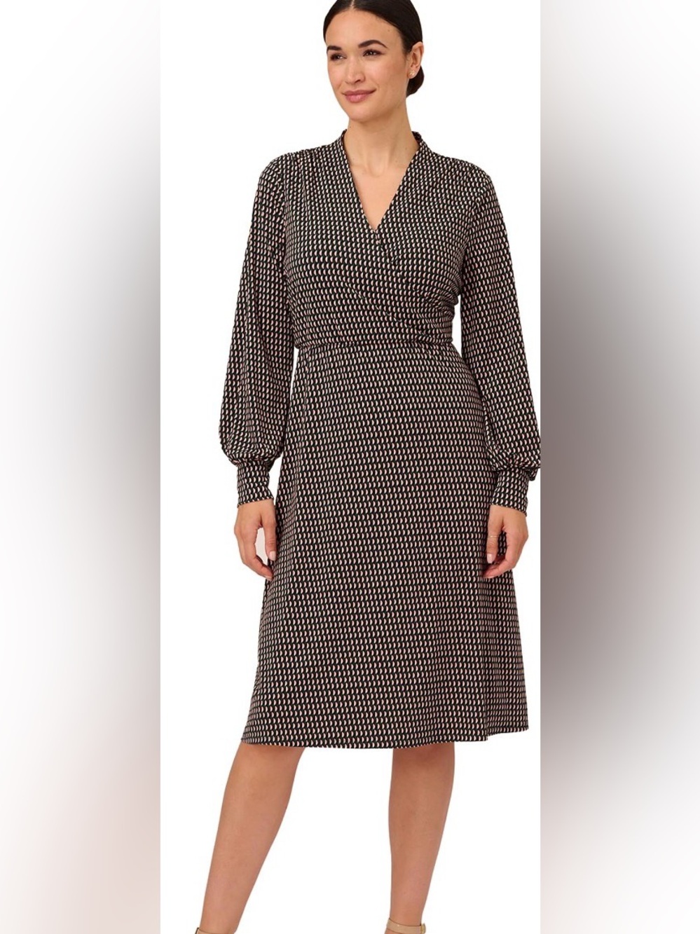 Adrianna Papell Black,Green & light pink print Wrap-Style Long Sleeve Midi Dress
